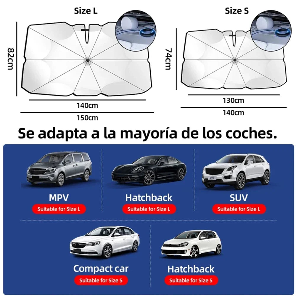 Windshield sunshade umbrella size chart showing Size L 150x82cm and Size S 130x74cm with compatible vehicle types listed