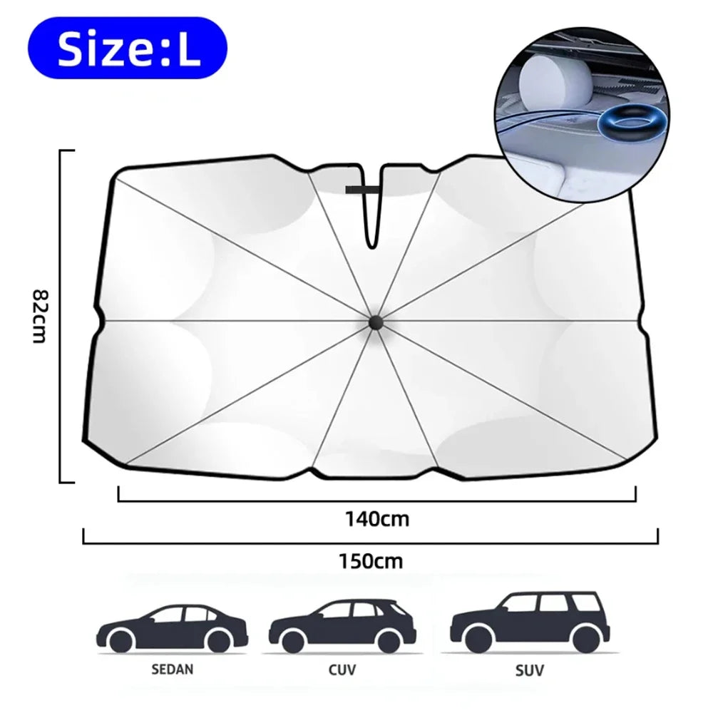 Foldable windshield sunshade umbrella Size L measuring 126x80cm unfolded with sedan CUV and SUV vehicle silhouettes