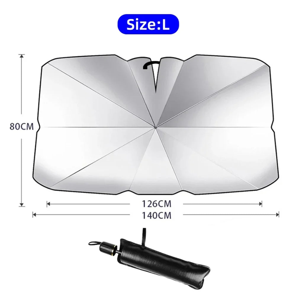 Foldable windshield sunshade umbrella Size L flat view measuring 126x80cm with folded compact handle shown below