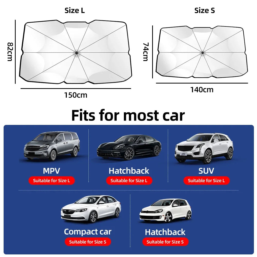 Foldable windshield sunshade umbrella Size L and Size S top view with dimensions and compatible sedan CUV SUV silhouettes