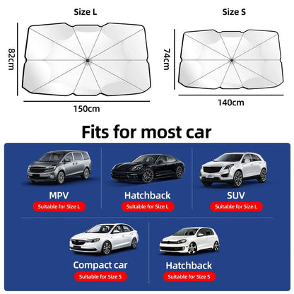 Foldable windshield sunshade umbrella Size L and Size S top view with dimensions and compatible sedan CUV SUV silhouettes