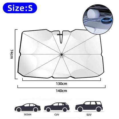Foldable windshield sunshade umbrella Size S measuring 110x65cm unfolded with sedan CUV and SUV vehicle silhouettes