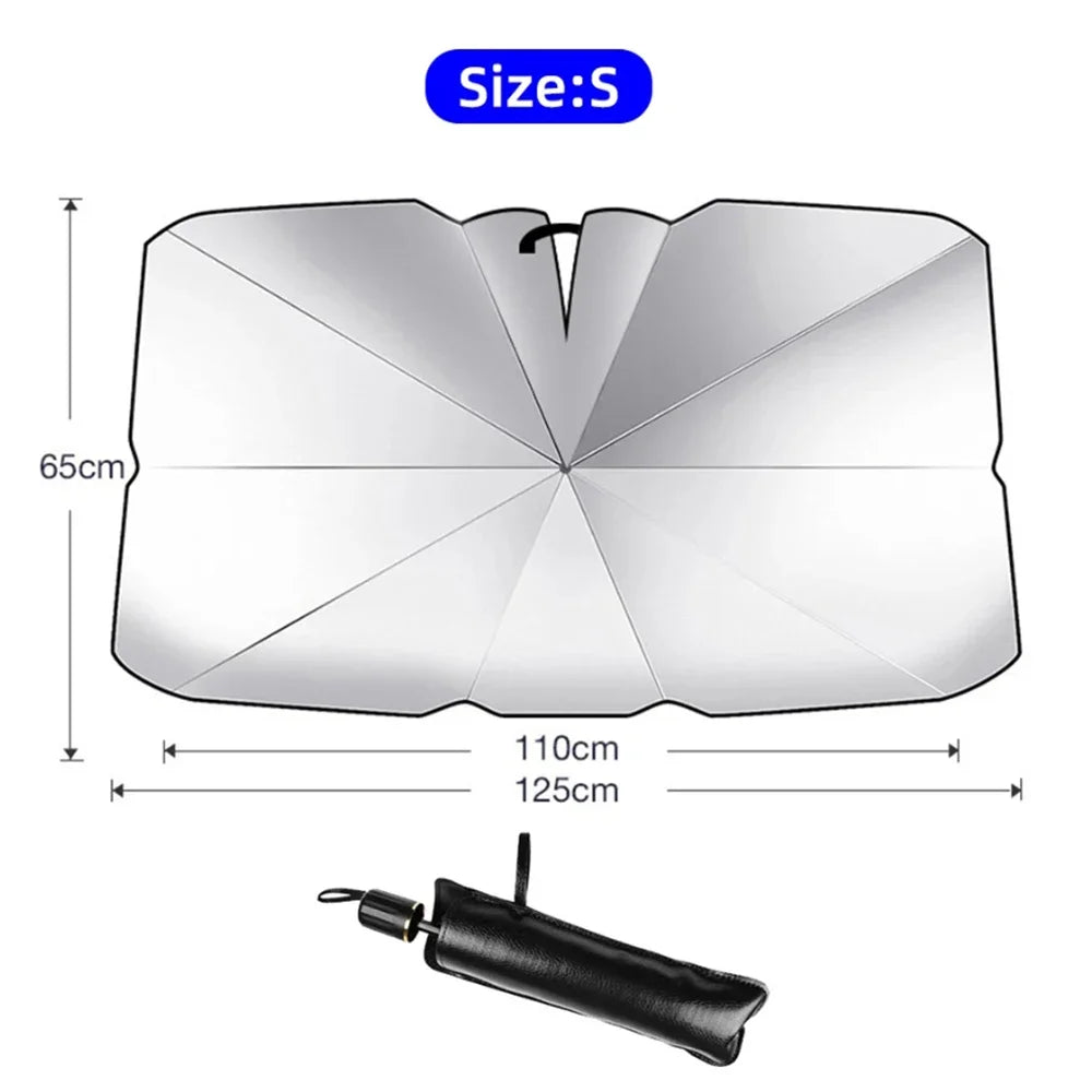 Foldable windshield sunshade umbrella Size S flat view measuring 110x65cm with folded compact handle shown below