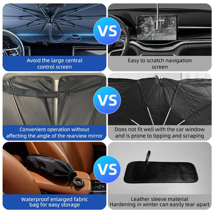 Three-panel comparison of foldable sunshade umbrella versus competitor showing screen safety, mirror clearance and fabric bag advantages