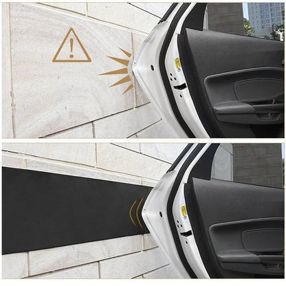 Before and after 2-panel: car door hitting bare wall (warning) vs. door safely cushioned by black foam bumper strip