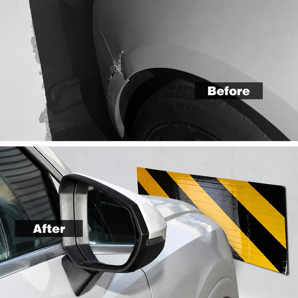 Before and after showing car door scratching bare wall versus protected by yellow black foam bumper guard