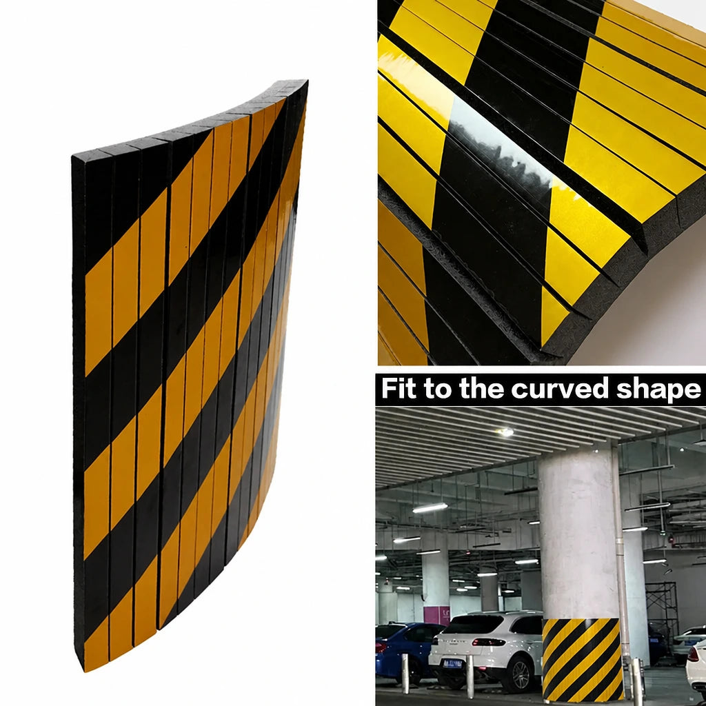 Yellow black foam bumper guard curved around parking garage column underground