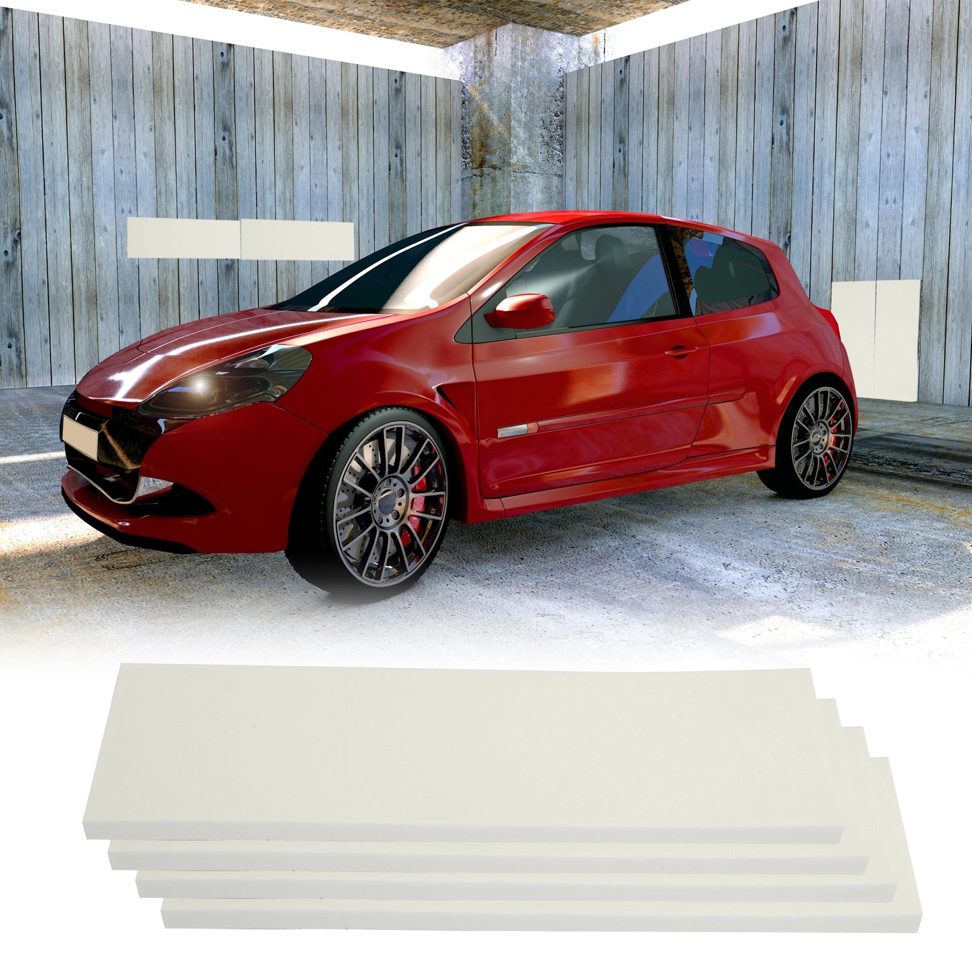 4 white EVA foam car door protector pads laid out beside red hatchback in garage