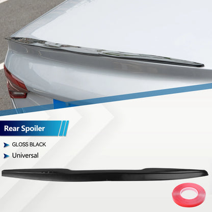 Gloss black universal rear spoiler installed on trunk with included adhesive tape roll