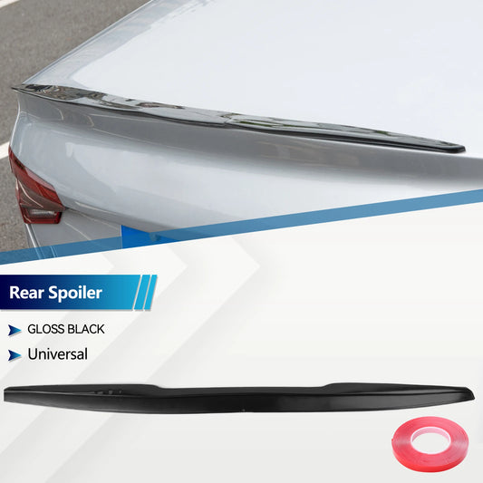 Gloss black universal rear spoiler installed on trunk with included adhesive tape roll