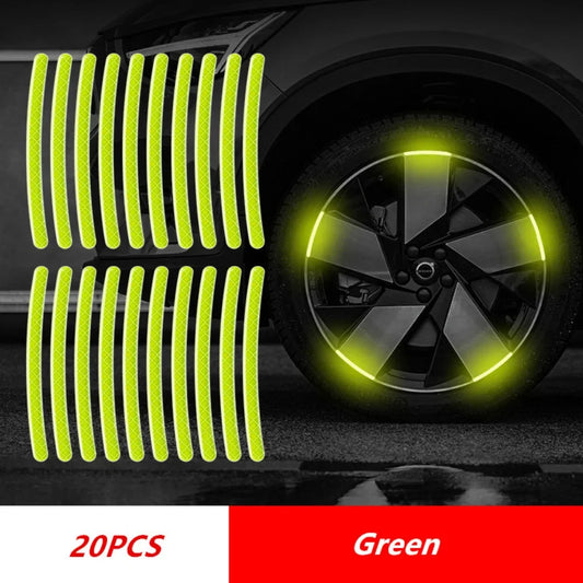 20 green reflective wheel rim strips applied to car tire for enhanced night safety and style
