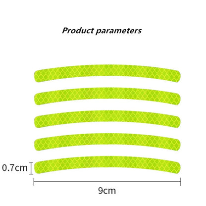 Size chart showing green reflective wheel strips with dimensions 9cm by 0.7cm
