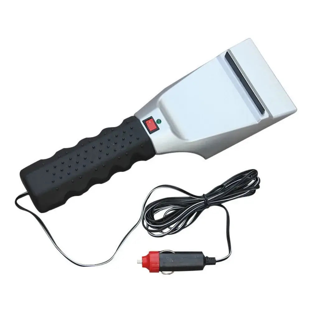 12V electric heated car ice scraper black anti-skid rubber handle silver heated blade with red green indicator buttons and long car lighter plug cable on white background