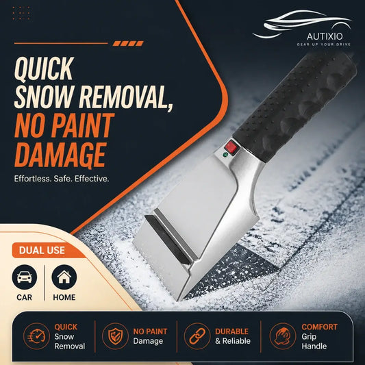 12V heated car ice scraper quick snow removal no paint damage infographic showing anti-skid handle silver blade red button and dual use for car and home