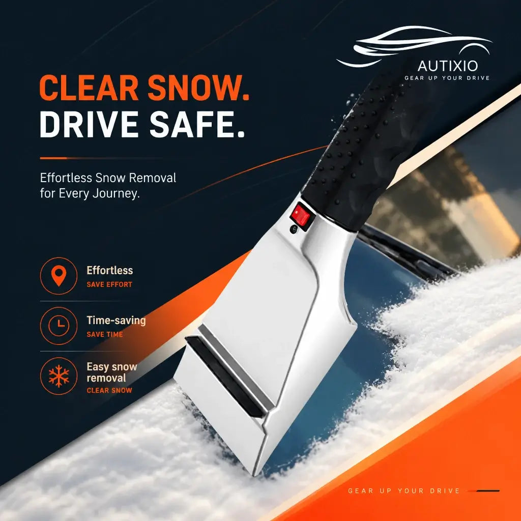 12V heated car ice scraper actively scraping snow off car windshield showing effortless time-saving and easy snow removal performance