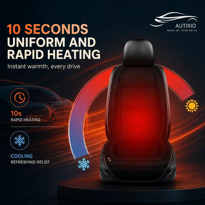 Heated car seat cushion 12V-24V with 10-second rapid uniform heating and cooling feature infographic