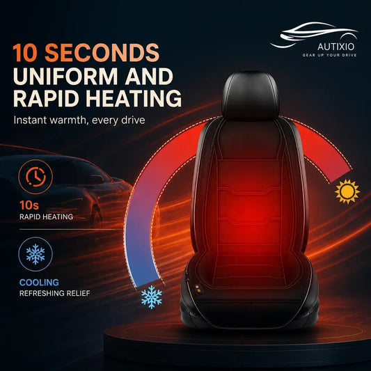 Heated car seat cushion 12V-24V with 10-second rapid uniform heating and cooling feature infographic