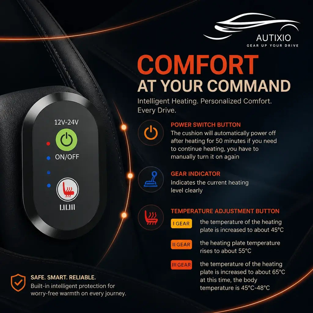 Heated car seat cushion 12V-24V controller with 3 heat levels from 45°C to 65°C and 50-minute auto shutoff