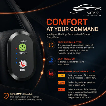 Heated car seat cushion 12V-24V controller with 3 heat levels from 45°C to 65°C and 50-minute auto shutoff