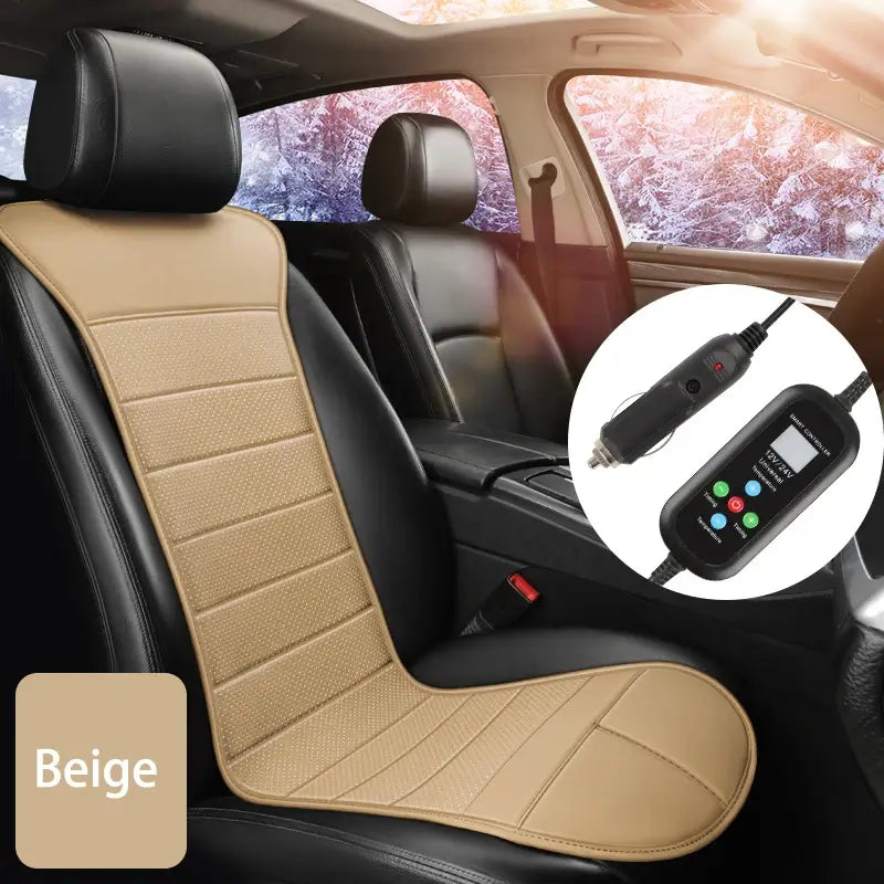 Beige heated car seat cushion installed in car interior in winter with snowy background showing 12V 24V smart controller with LCD display and timer buttons