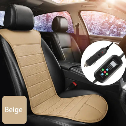 Beige heated car seat cushion installed in car interior in winter with snowy background showing 12V 24V smart controller with LCD display and timer buttons