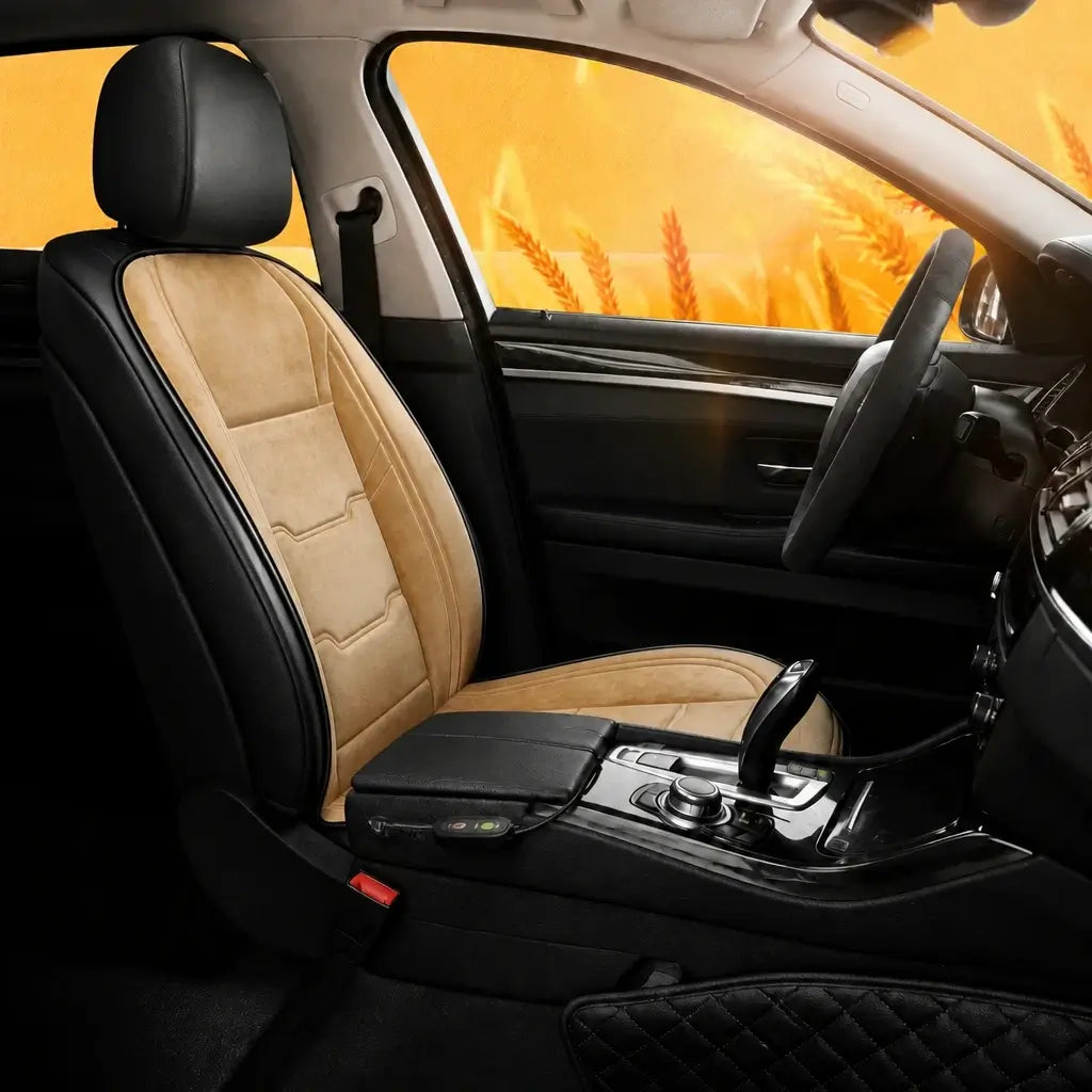 Beige heated car seat cushion single seat installed in car interior with warm golden autumn background