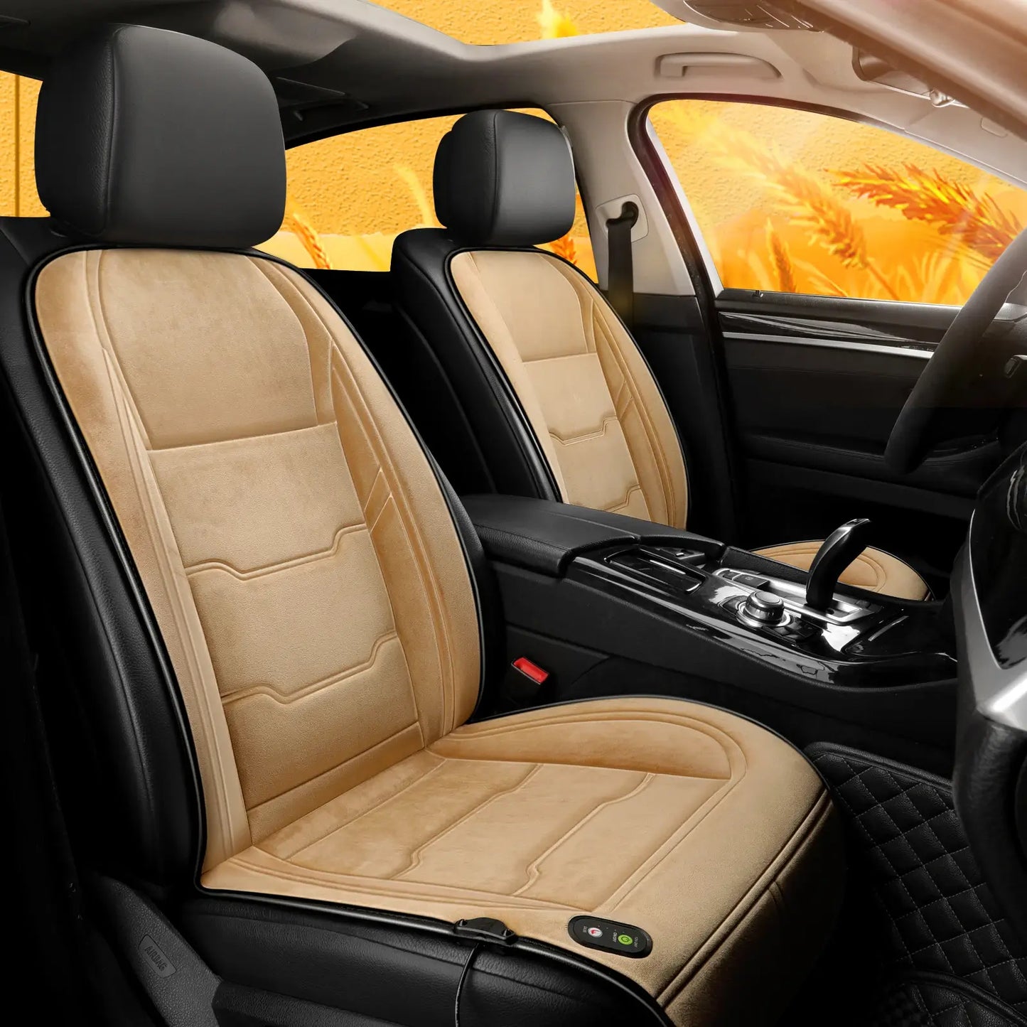 Beige heated car seat cushion set for two front seats installed in car interior with warm golden background