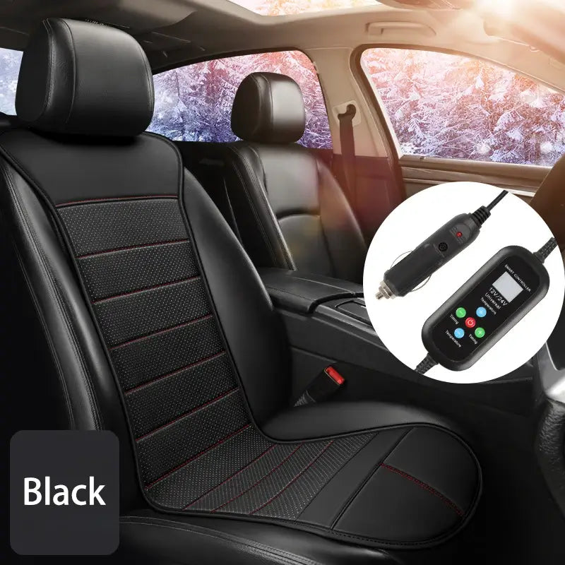 Black heated car seat cushion installed in car interior in winter with snowy background showing 12V 24V smart controller with LCD display and timer buttons