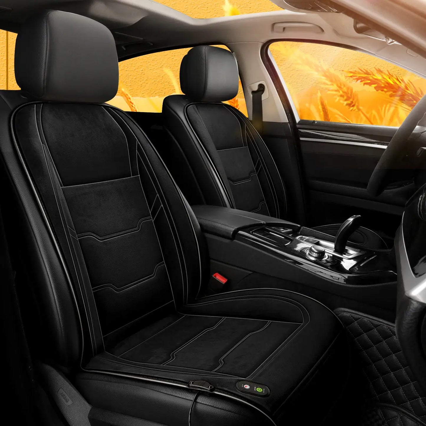 Black heated car seat cushion set for two front seats installed in car interior