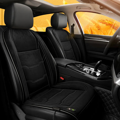 Black heated car seat cushion set for two front seats installed in car interior