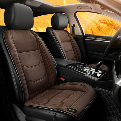 Brown heated car seat cushion set for two front seats installed in car interior with warm golden background