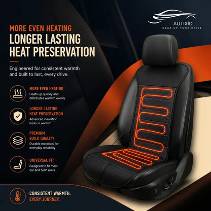 Heated car seat cushion side profile showing orange heating elements with even heating longer lasting heat preservation premium build quality and universal fit for cars and SUVs