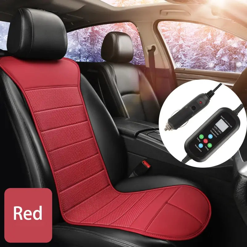 Red heated car seat cushion installed in car interior in winter with snowy background showing 12V 24V smart controller with LCD display and timer buttons