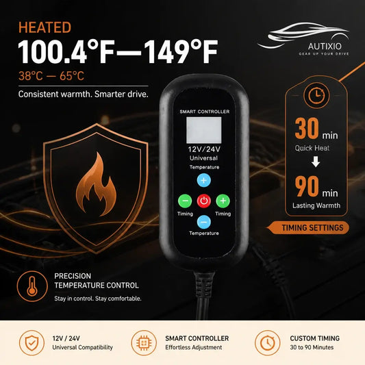Heated car seat cushion smart controller showing 100.4°F to 149°F temperature range 12V 24V universal compatibility 30 to 90 minute timer and precision temperature control