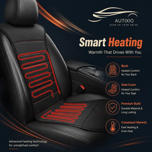 Heated car seat cushion on black leather car seat showing red heating elements with Smart Heating infographic listing back support seat cover premium build and consistent warmth features