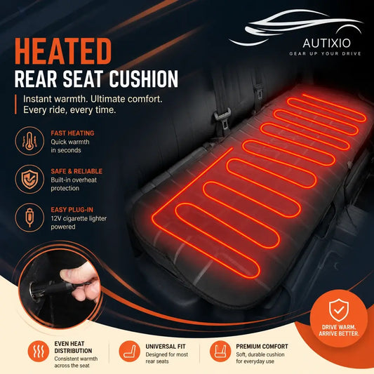 Heated rear seat cushion cover 12V – fast heating, overheat protection, universal fit for full bench seats