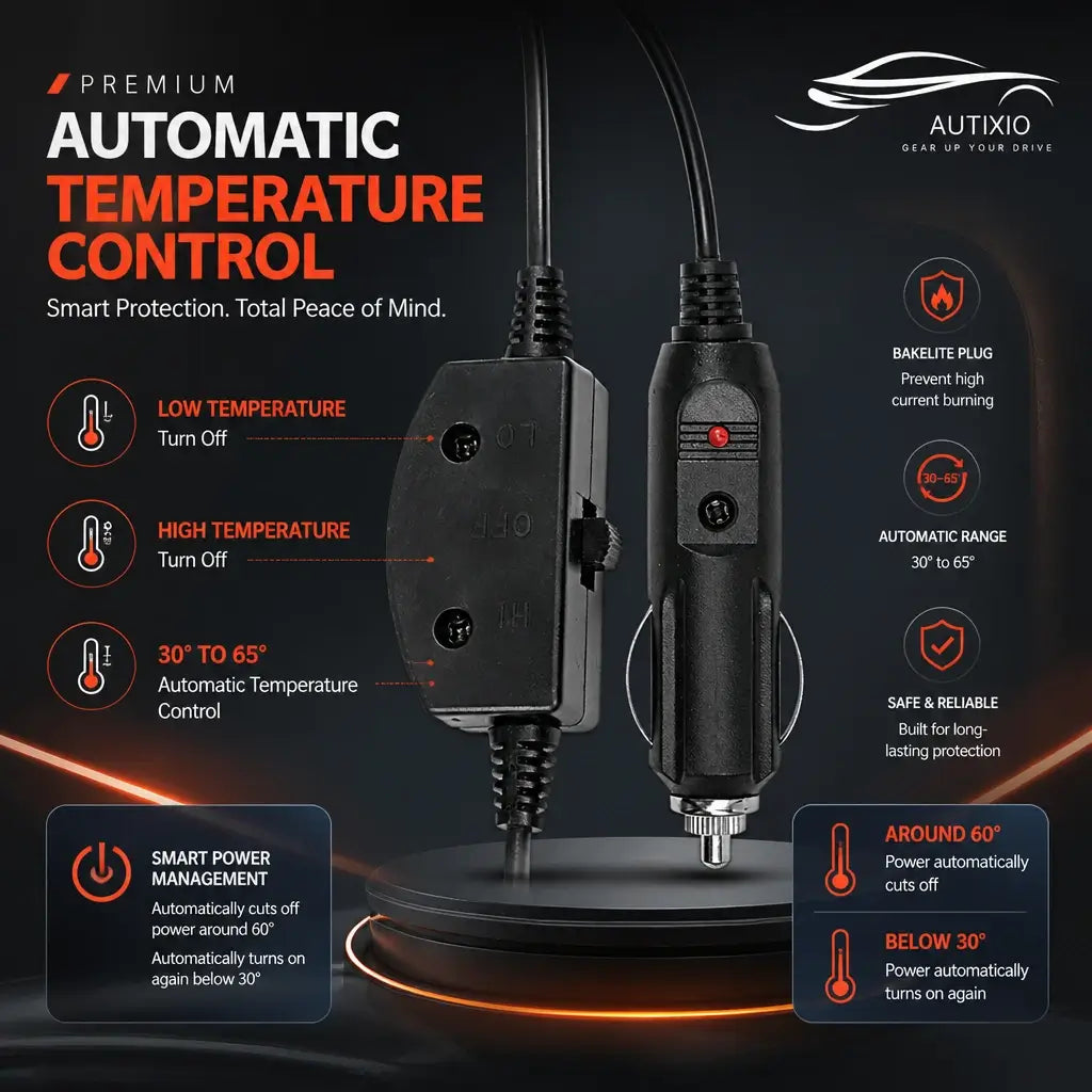 Heated rear seat cover automatic temperature control – 30° to 65° range, auto shutoff, bakelite safety plug