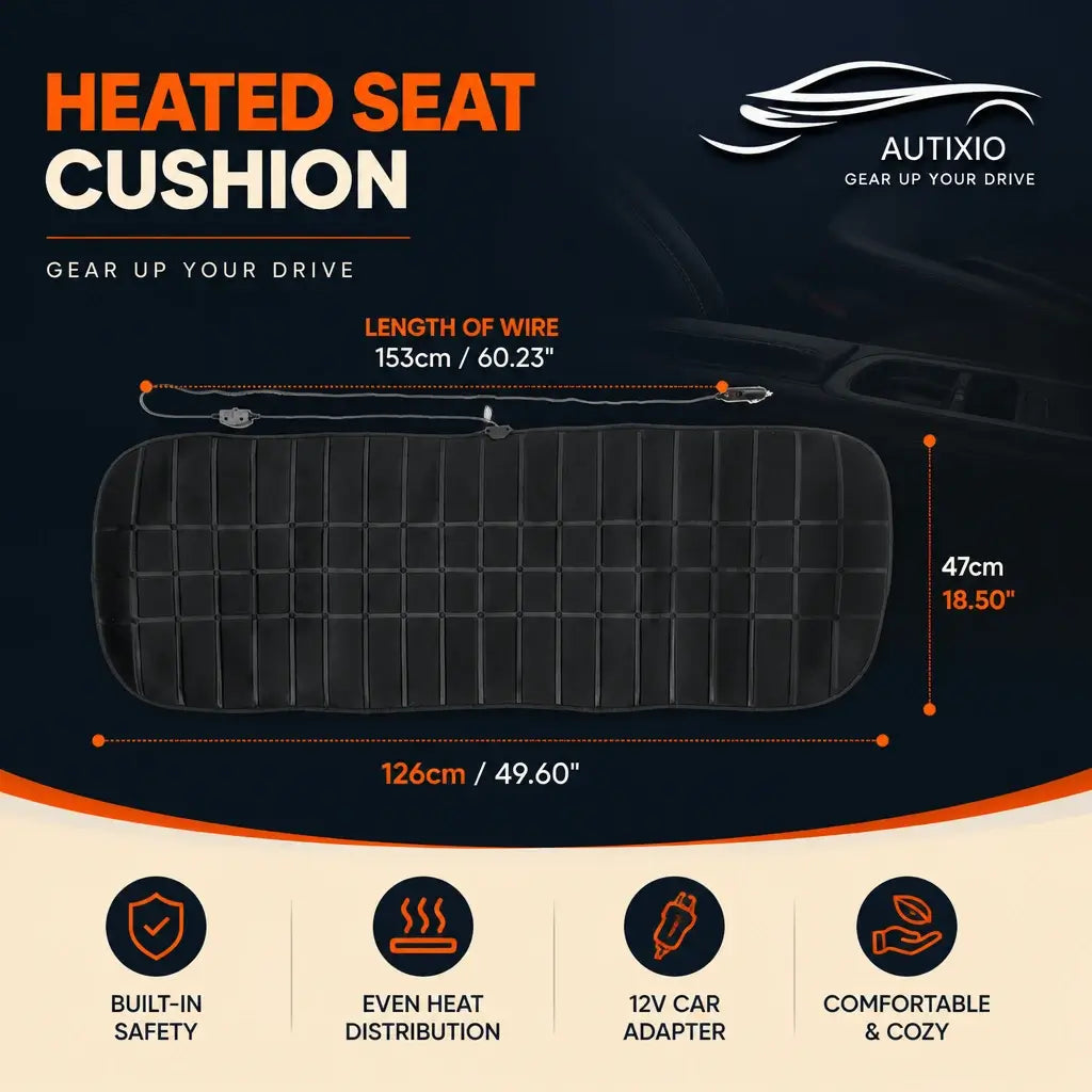 Heated rear seat cover dimensions – 126×47cm full bench size, 153cm wire, 12V car adapter included
