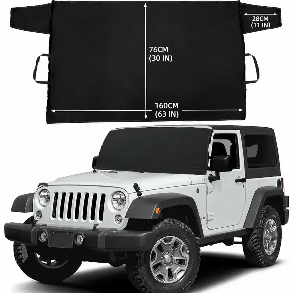 Heavy duty windshield snow cover 160x76cm flat layout size guide with white Jeep Wrangler showing 160cm bottom width and 76cm height compact dimensions