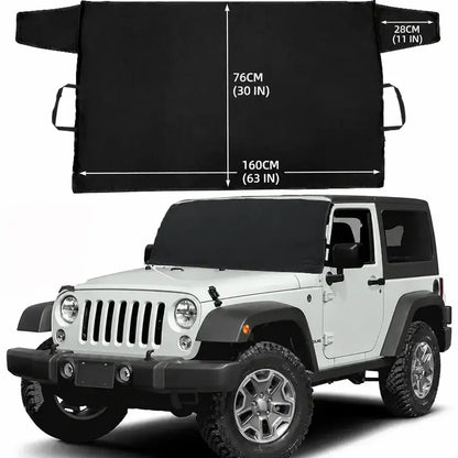 Heavy duty windshield snow cover 160x76cm flat layout size guide with white Jeep Wrangler showing 160cm bottom width and 76cm height compact dimensions