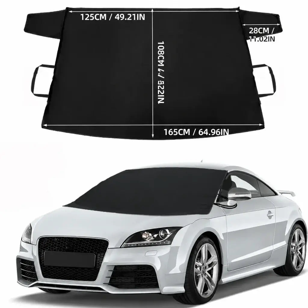 Heavy duty windshield snow cover 165x108cm flat layout size guide with white coupe showing 125cm top width 165cm bottom width and 108cm height dimensions