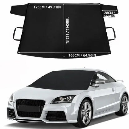 Heavy duty windshield snow cover 165x108cm flat layout size guide with white coupe showing 125cm top width 165cm bottom width and 108cm height dimensions