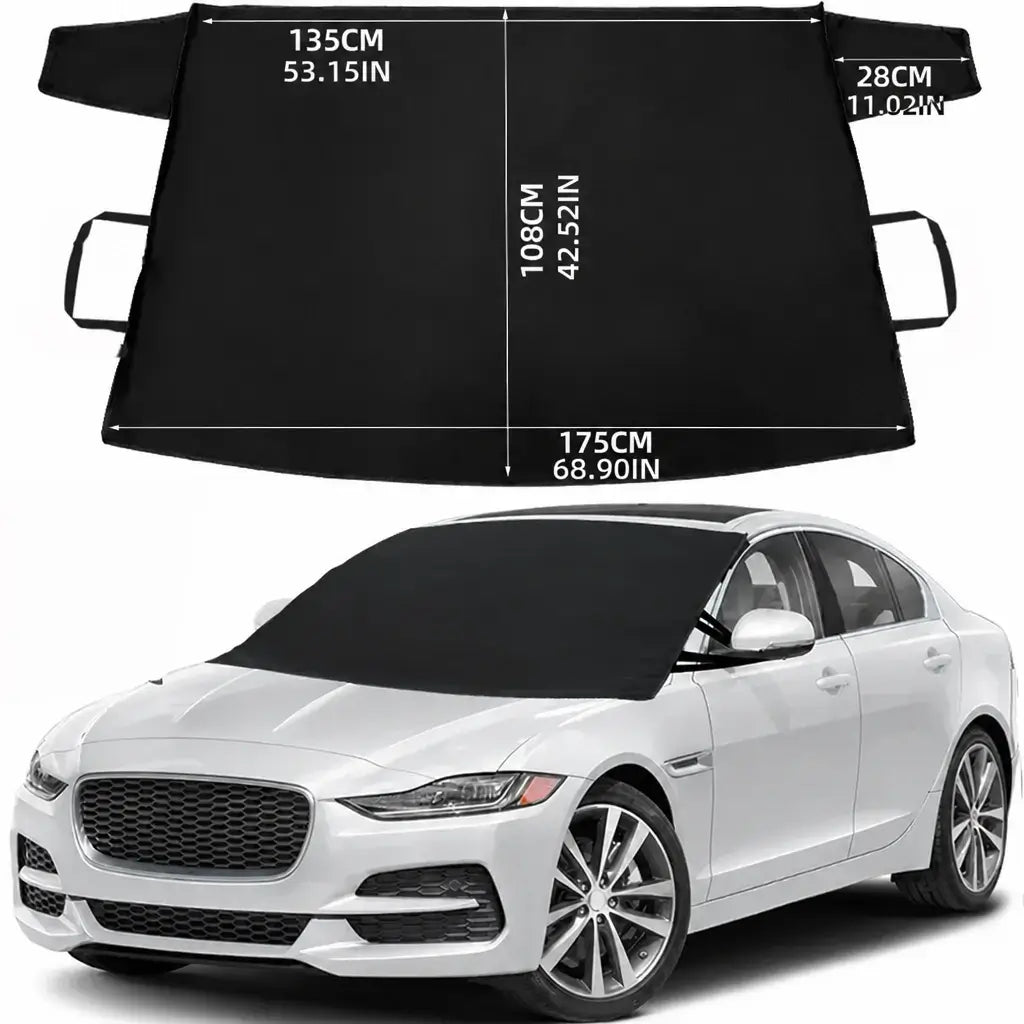 Heavy duty windshield snow cover 175x108cm flat layout size guide with white sedan showing 135cm top width 175cm bottom width and 108cm height dimensions
