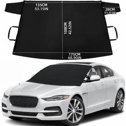 Heavy duty windshield snow cover 175x108cm flat layout size guide with white sedan showing 135cm top width 175cm bottom width and 108cm height dimensions
