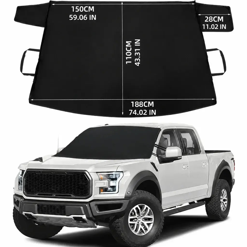 Heavy duty windshield snow cover 188x110cm flat layout size guide with white Ford pickup truck showing 150cm top width 188cm bottom width and 110cm height dimensions