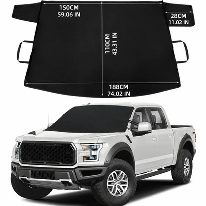 Heavy duty windshield snow cover 188x110cm flat layout size guide with white Ford pickup truck showing 150cm top width 188cm bottom width and 110cm height dimensions
