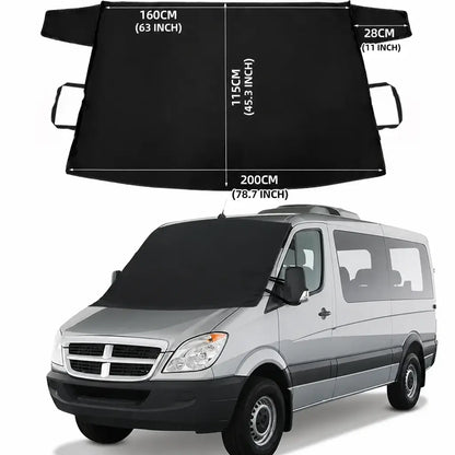 Heavy duty windshield snow cover 200x115cm flat layout size guide with silver van and minibus showing 160cm top width 200cm bottom width and 115cm height dimensions
