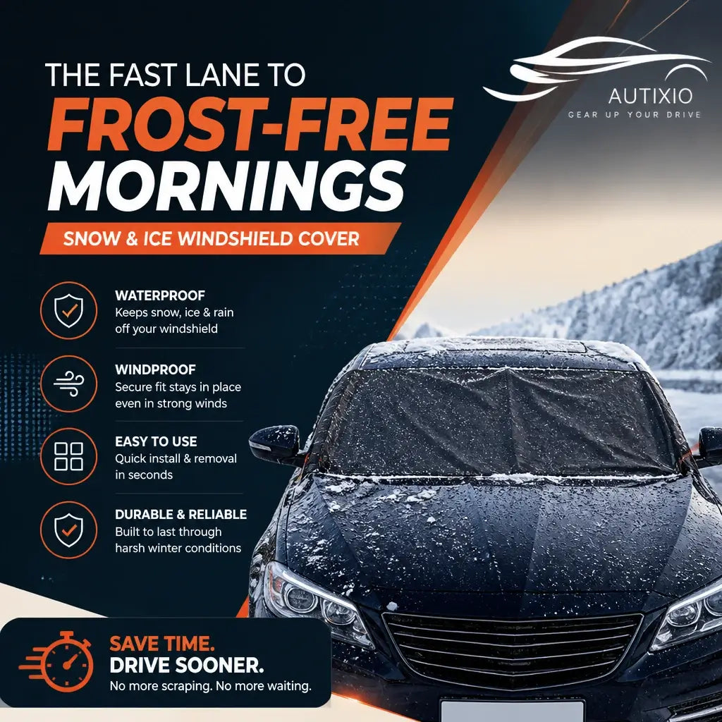 Heavy duty 600D Oxford windshield snow cover on black car in blizzard showing waterproof windproof quick install and durable reliable frost-free morning protection