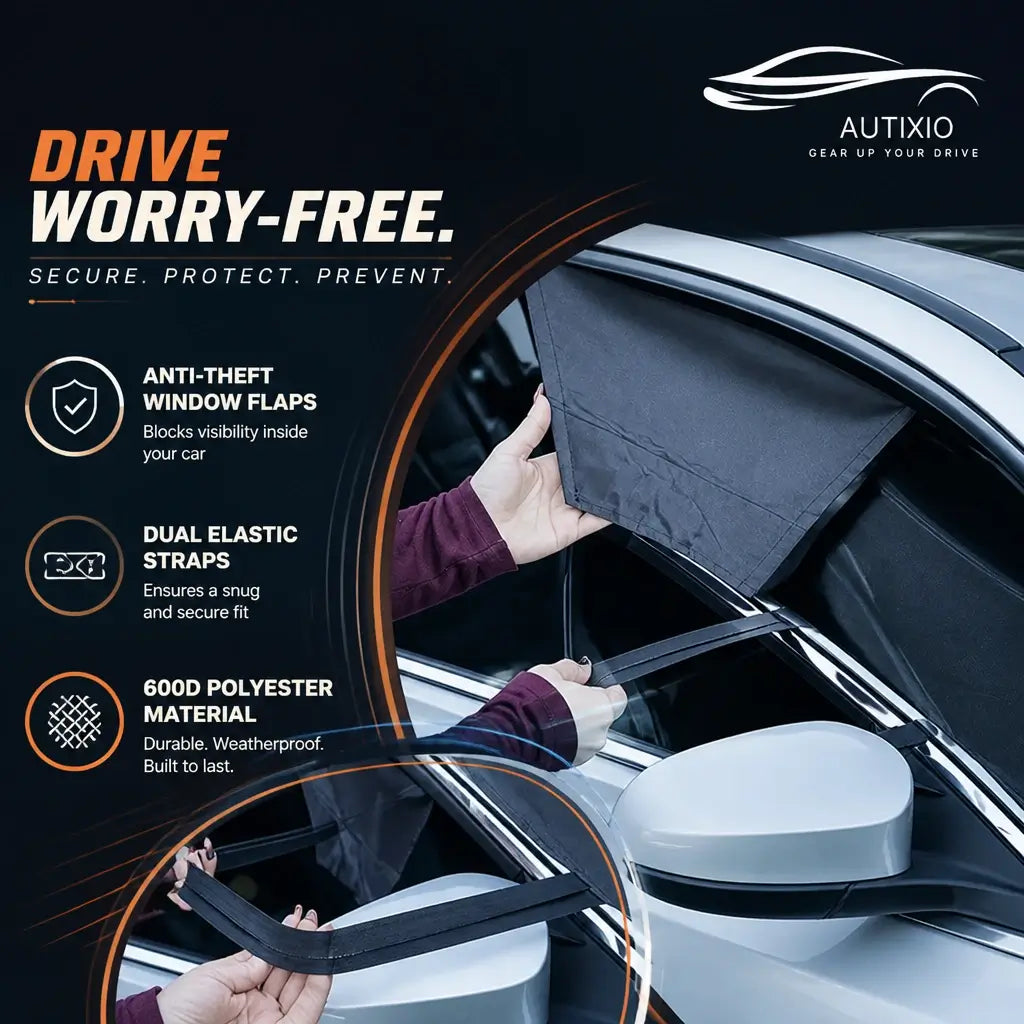Hands installing heavy duty windshield snow cover on white car showing anti-theft window flaps dual elastic straps and 600D polyester weatherproof material features