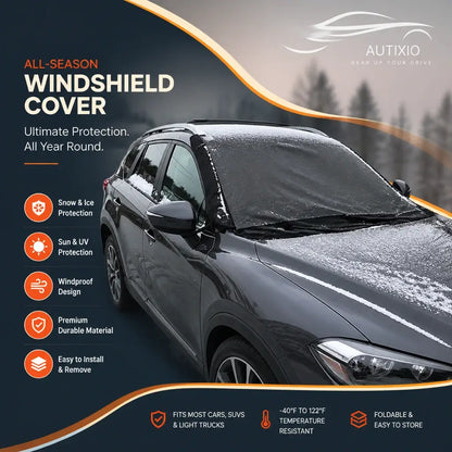 Heavy duty windshield snow cover on dark SUV in snow showing all-season protection: snow ice sun UV windproof durable material foldable fits cars SUVs and light trucks